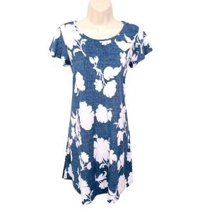 SJS Blue White Eye catching Floral Design Shift Dress Short Flutter Sleeves